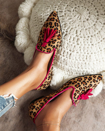 elveswallet Pointed-toe Fringe Leopard Contrast Mules