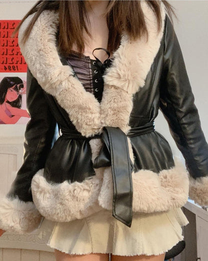 elveswallet Large fur collar lace-up waist stitching PU leather jacket