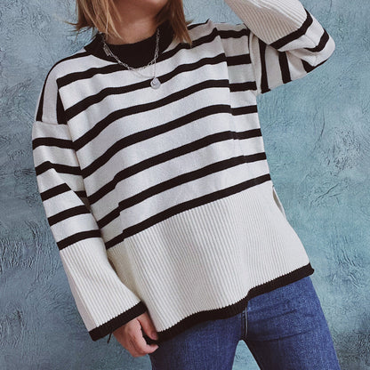 elveswallet Loose Striped Contrast Slit Crewneck Sweater