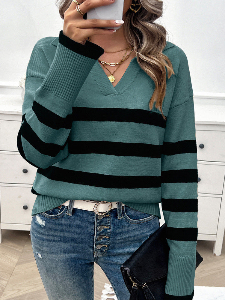 elveswallet Loose-fitting striped lapel knitted sweater