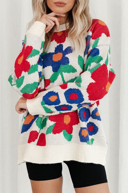 elveswallet Blooming Flowers Crew Neck Loose Knit Sweater