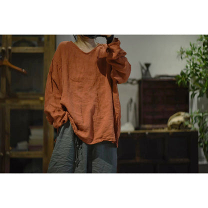 ELVESWALLET 2025 23/2 Xiaonuan, spring literary and retro washed old linen v-neck pullover shoulder shirt