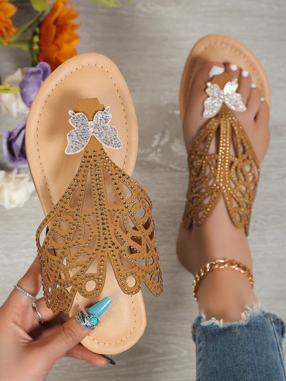 elveswallet Rhinestone & Butterfly Decor Slide Clip Toe Flat Sandals