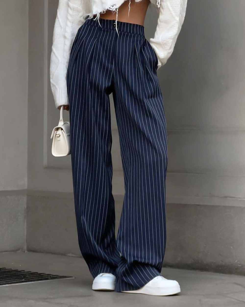 elveswallet Navy Striped High-Waisted Straight Wide-Leg Pants