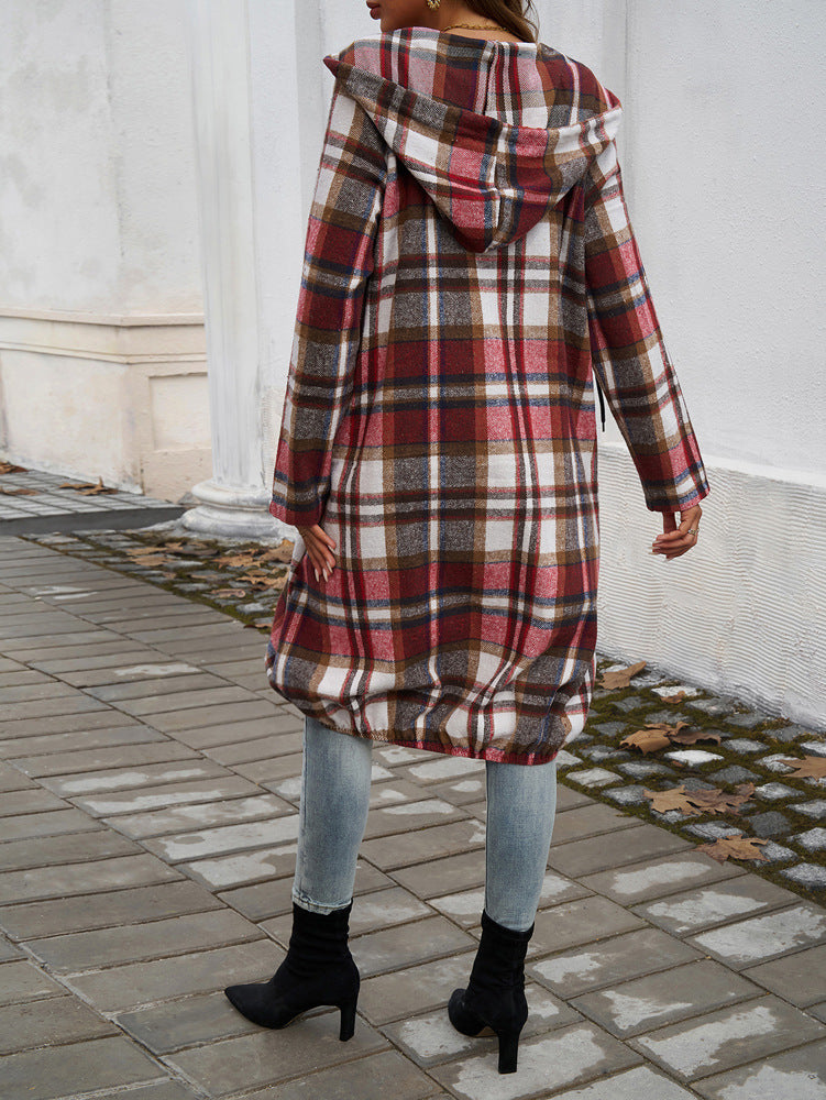 elveswallet Loose Contrast Plaid Zipper Hooded Long Jacket