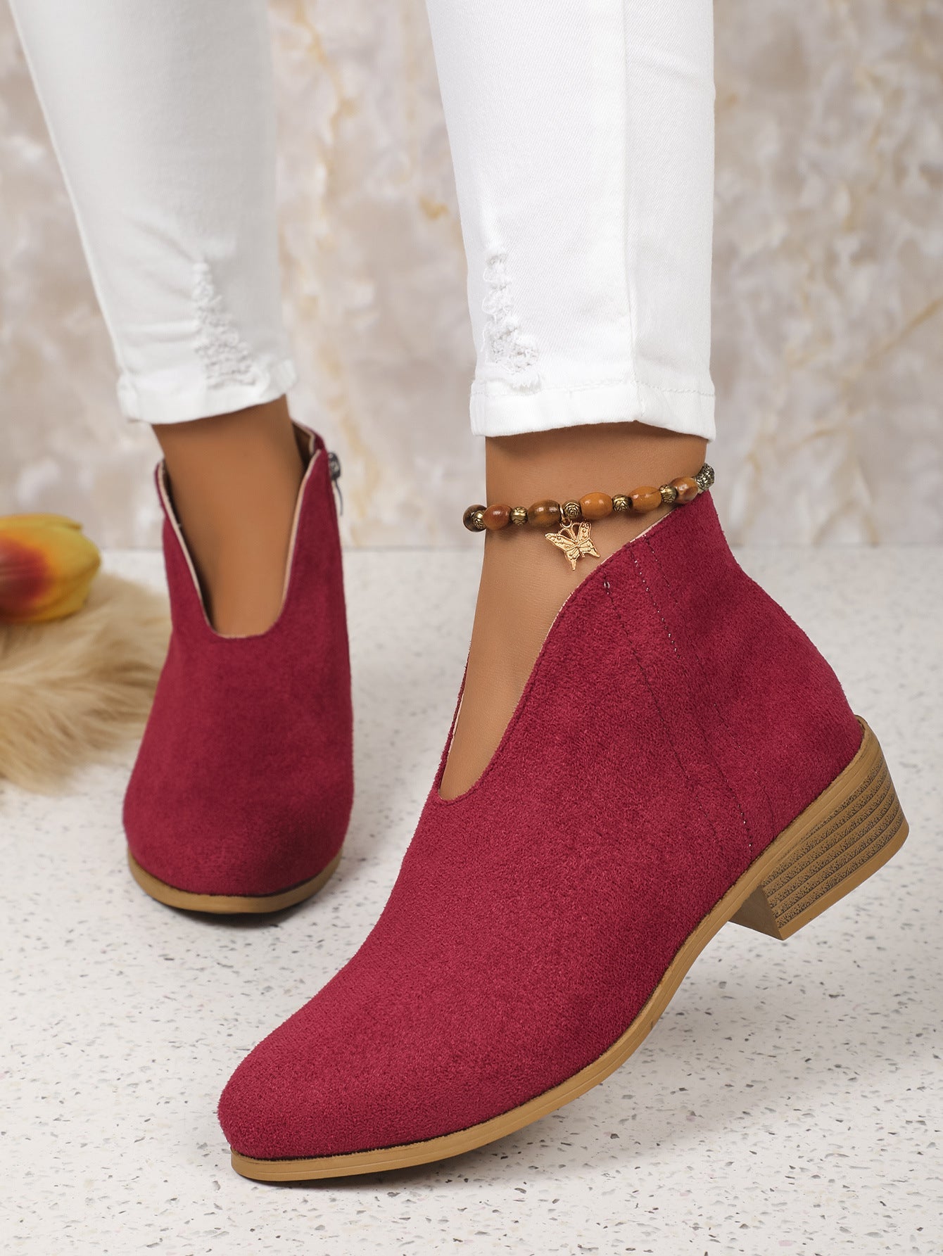 elveswallet Side zipper round toe suede square heel ankle boots