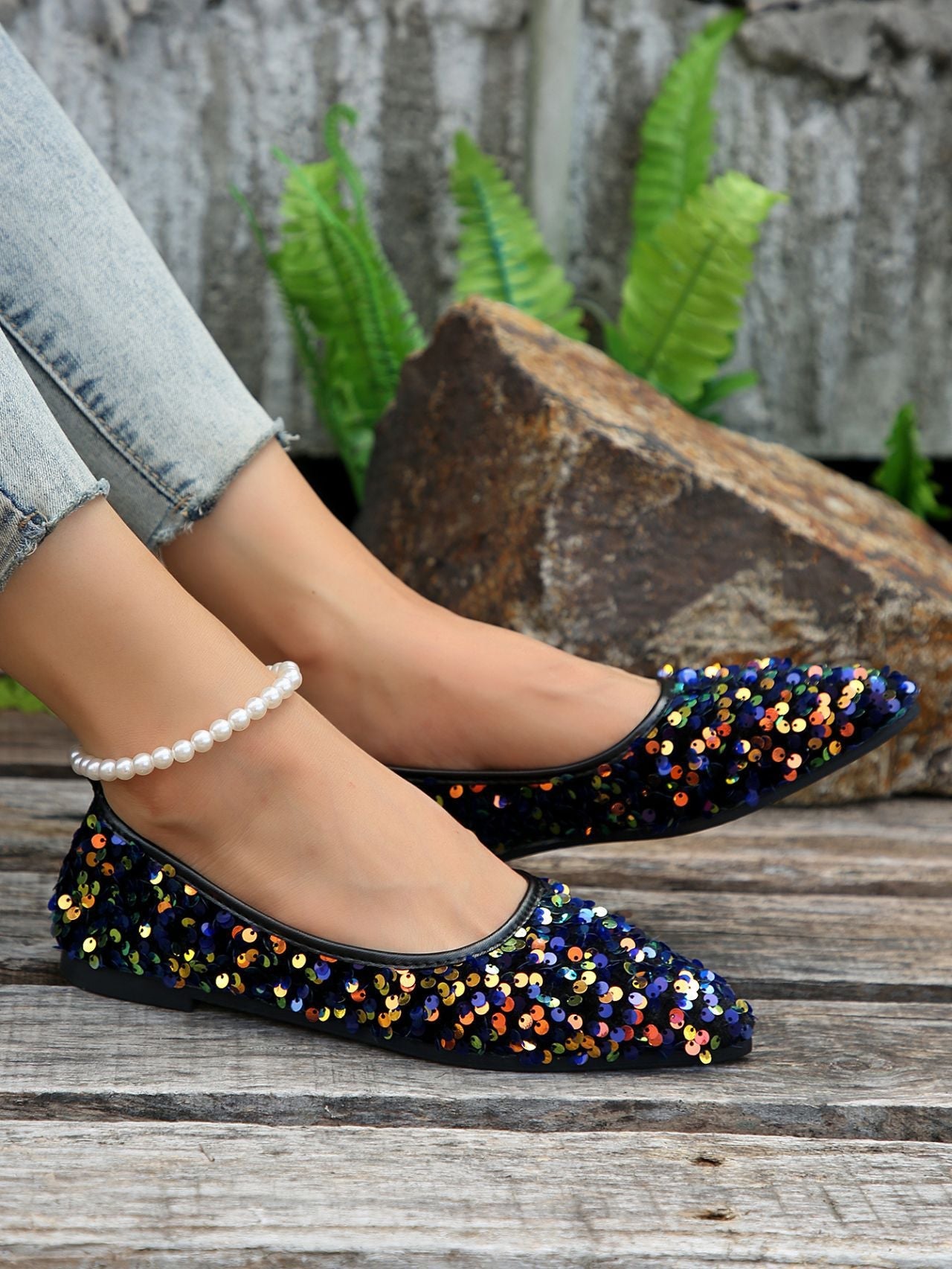 elveswallet Colorful Sequin Shallow Mouth Flat Ballet Flats