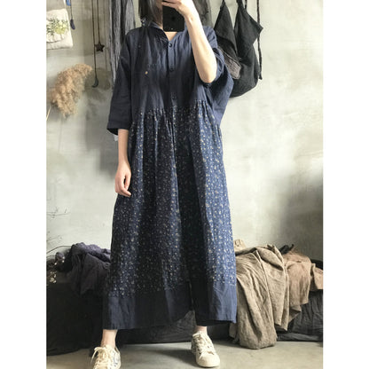 ELVESWALLET 2025 21/5 Dokdo, linen literary and retro spring and summer floral splicing pleated half-sleeved cardigan dress