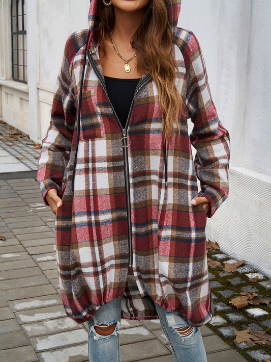 elveswallet Loose Contrast Plaid Zipper Hooded Long Jacket