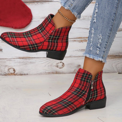 elveswallet Plaid red and black color block round toe denim shoes