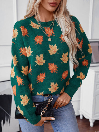 elveswallet Maple Leaf Jacquard Casual Pullover Sweater