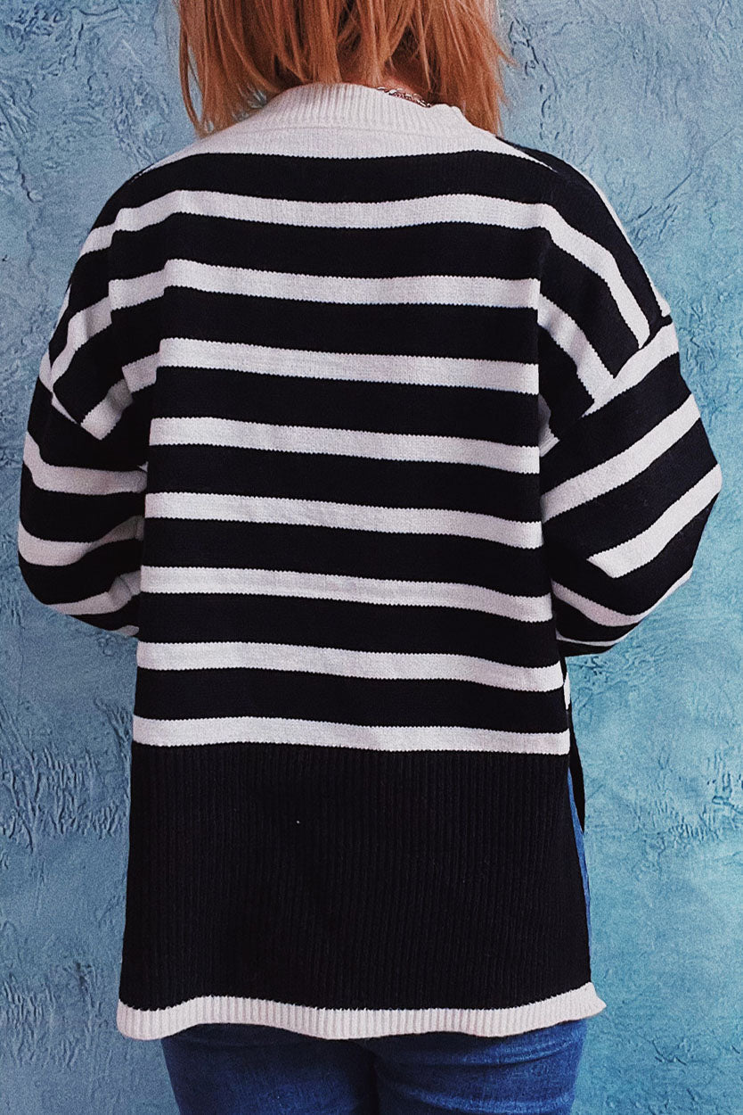 elveswallet Loose Striped Contrast Slit Crewneck Sweater