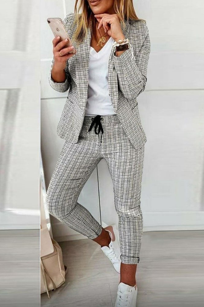 elveswallet Lapel Neck Plaid Blazer Coat & Drawstring Pants Set