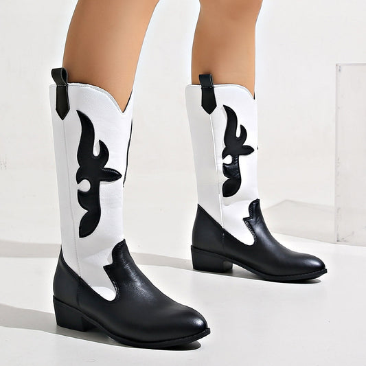 elveswallet Black and white spliced pointed toe knight boots