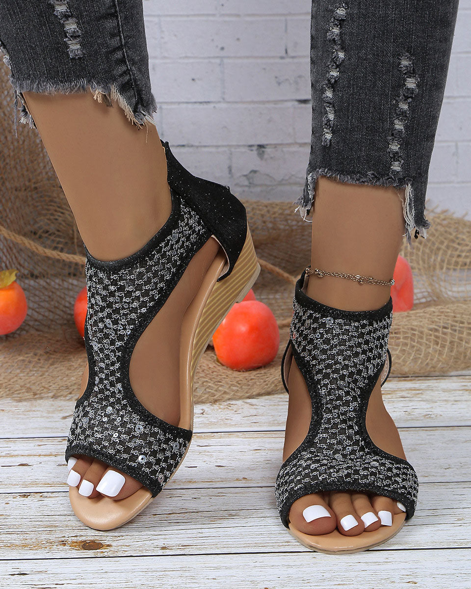 elveswallet Shiny Breathable Mesh Platform Wedge Sandals