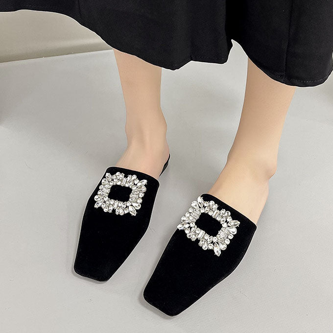 elveswallet Elegant Crystal Square Toe Mules Flat Slippers