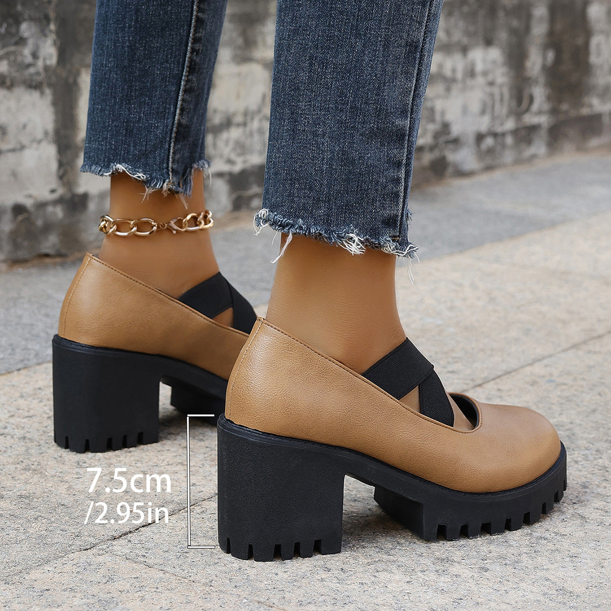 elveswallet Cross Elastic Strap Square-toe Chunky Heel Mary Jane Sandals