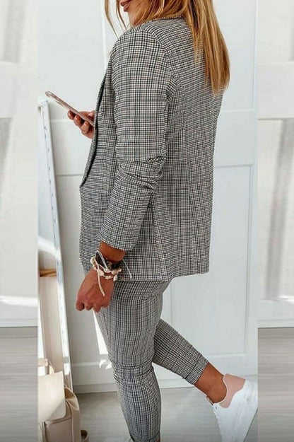 elveswallet Lapel Neck Plaid Blazer Coat & Drawstring Pants Set