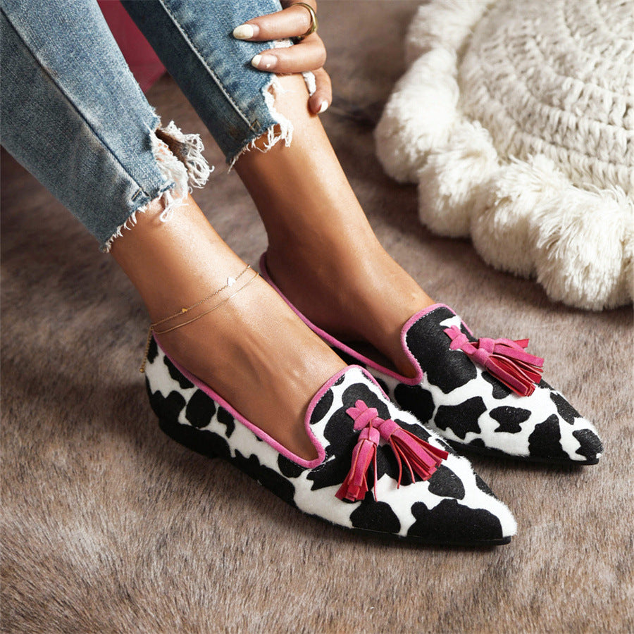 elveswallet Pointed-toe Fringe Leopard Contrast Mules