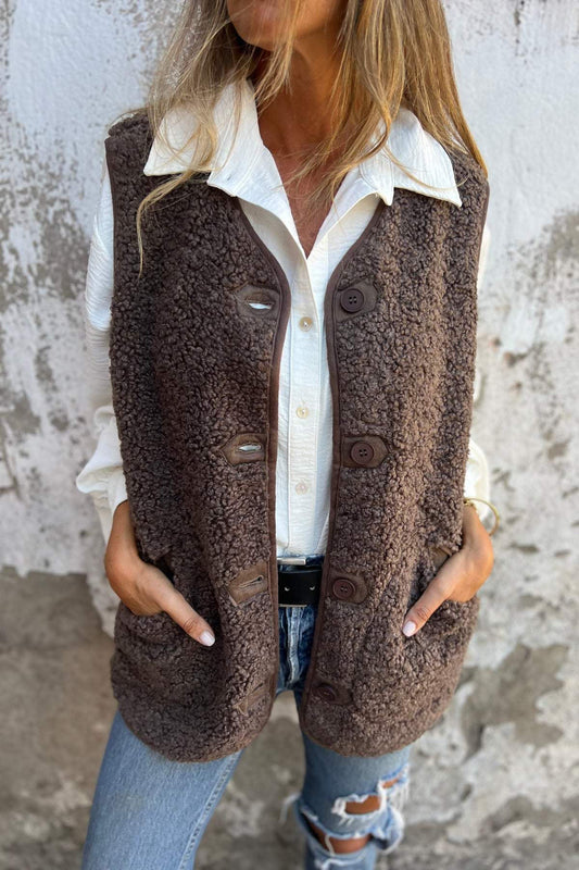 elveswallet Brown Sherpa Button Vest Jacket