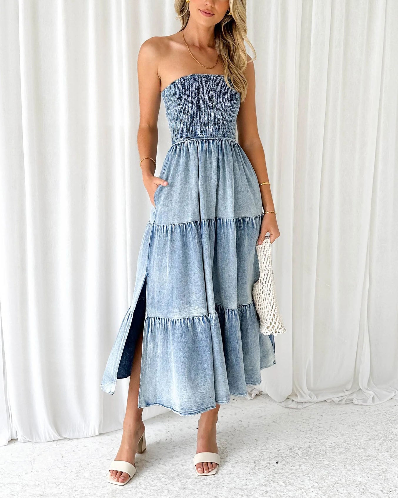 elveswallet Sleeveless Strapless Side Slit Layered Denim Dress with