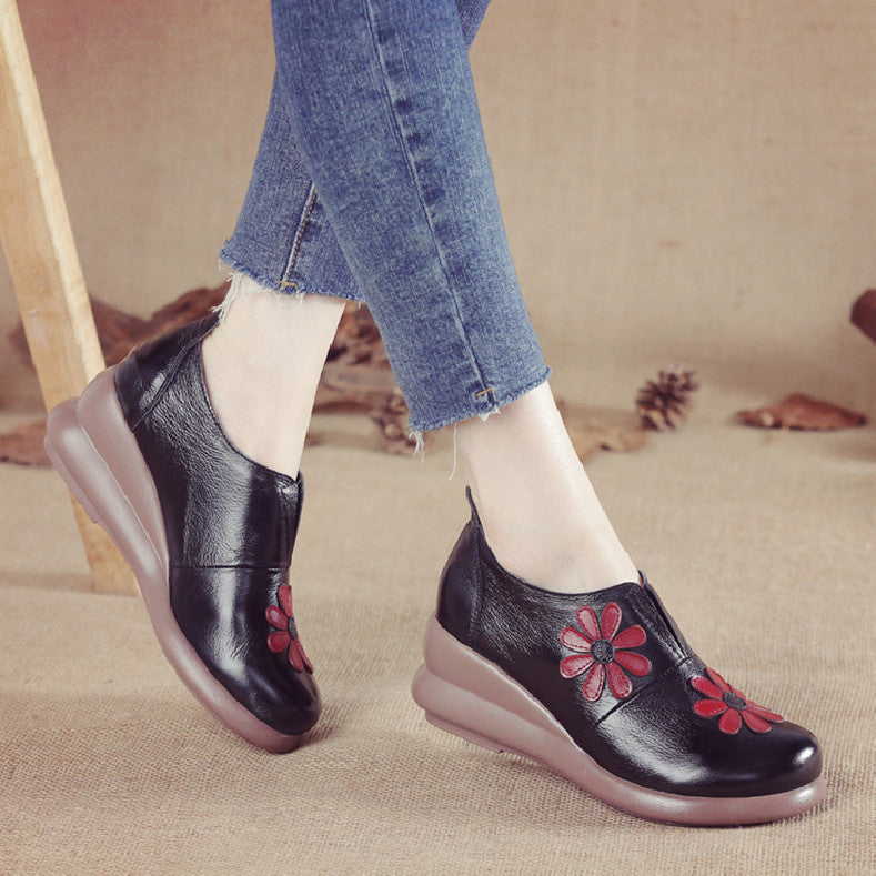 elveswallet Leather Embroider Flower Wedges Loafers