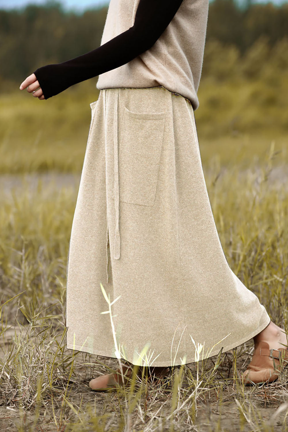 elveswallet 100% Pure Wool High-Waisted Pockets A-line Skirt