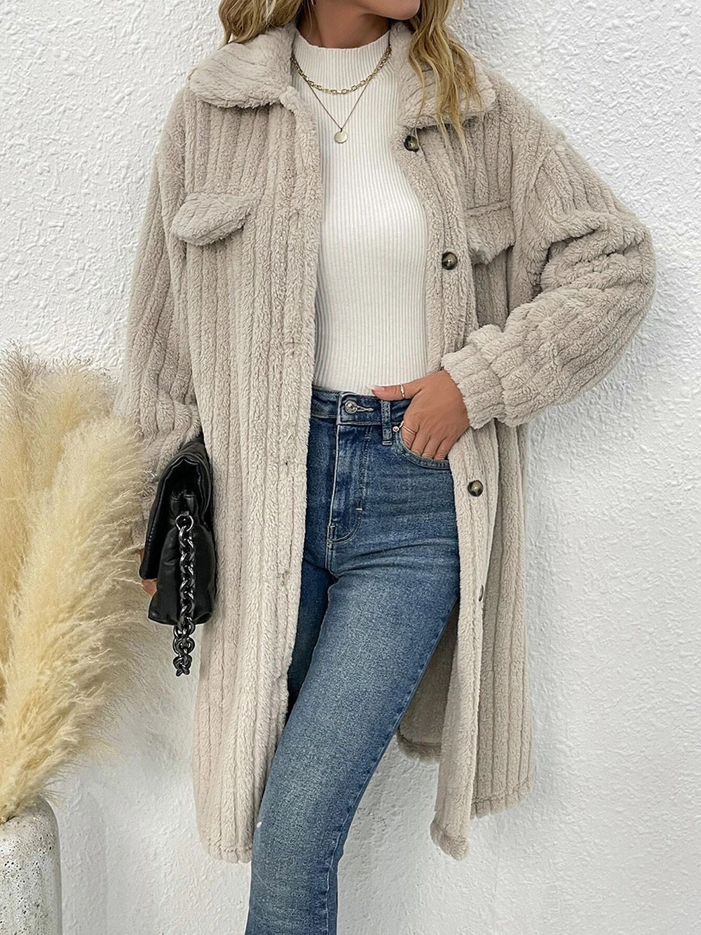 elveswallet Plush lapel long sleeve long coat