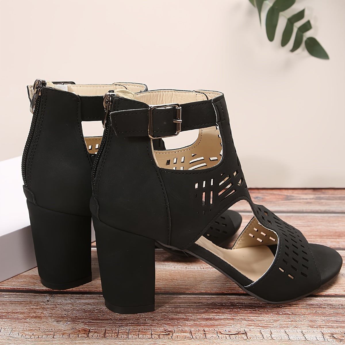 elveswallet Peep Toe Hollow Out Back Zipper Chunky Heel Sandals