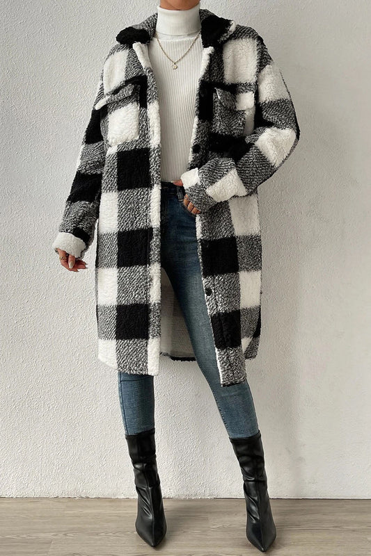 elveswallet Button Front Long Sleeve Plaid Pattern Teddy Coat