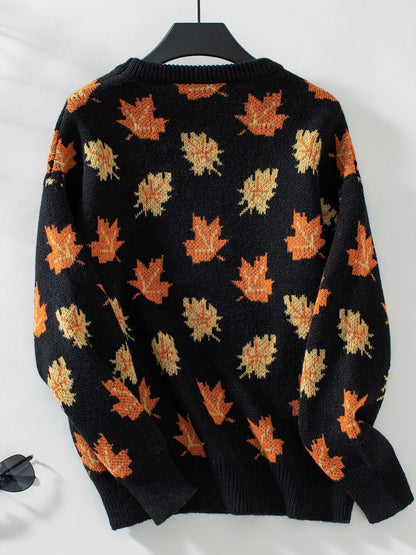 elveswallet Maple Leaf Jacquard Casual Pullover Sweater