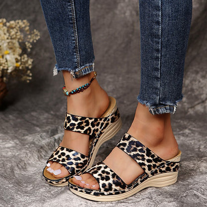 elveswallet Round Toe Leopard Wedge Slippers