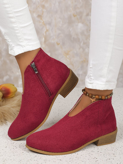 elveswallet Side zipper round toe suede square heel ankle boots