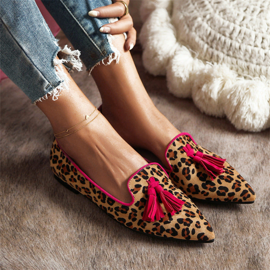 elveswallet Pointed-toe Fringe Leopard Contrast Mules