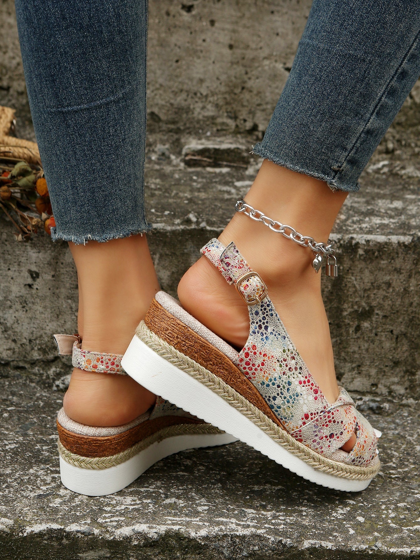 elveswallet Printed Open Toe Slingback Wedge espadrilles Sandals