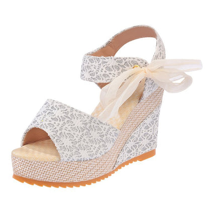 elveswallet Lace Bow Wedges Sandals