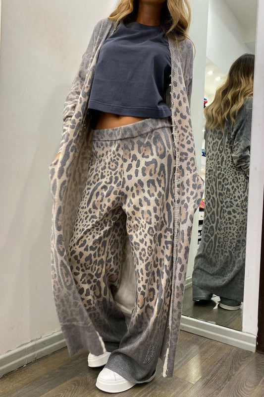 elveswallet Leopard Print Long Sleeve Cardigan and Pants Set