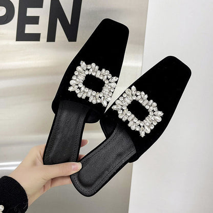 elveswallet Elegant Crystal Square Toe Mules Flat Slippers