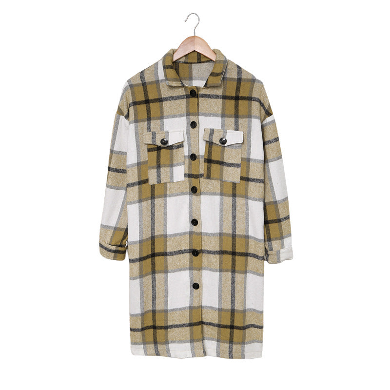 elveswallet Lapel Knit Long casual Tweed Plaid Jacket