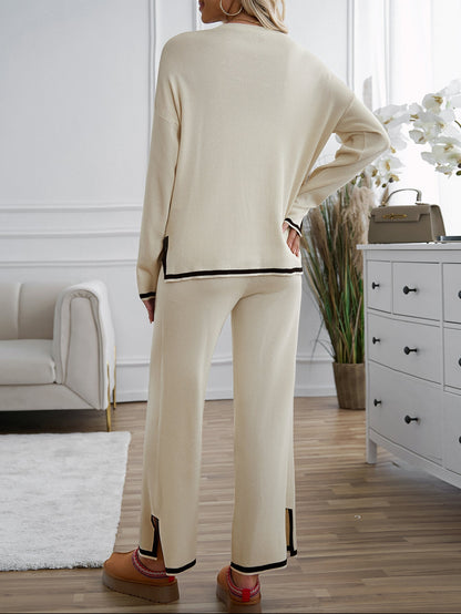 elveswallet Contrasting trim Solid color knitted sweater and pants set