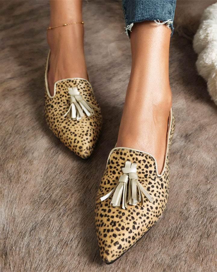 elveswallet Pointed-toe Fringe Leopard Contrast Mules