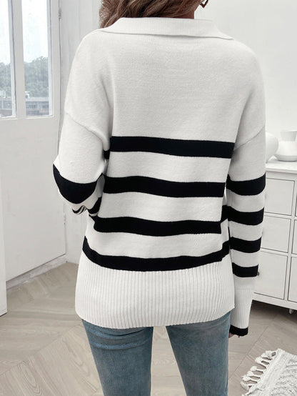 elveswallet Loose-fitting striped lapel knitted sweater