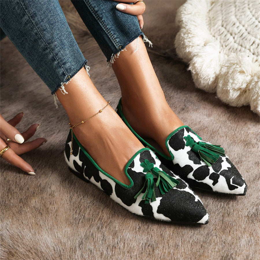 elveswallet Pointed-toe Fringe Leopard Contrast Mules