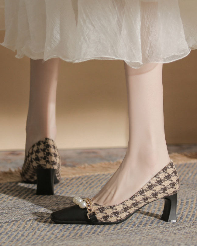 elveswallet Pearl-Embellished Chunky Heel Plaid Velvet Shoes