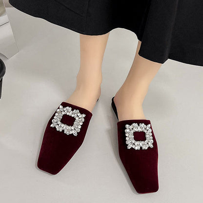 elveswallet Elegant Crystal Square Toe Mules Flat Slippers