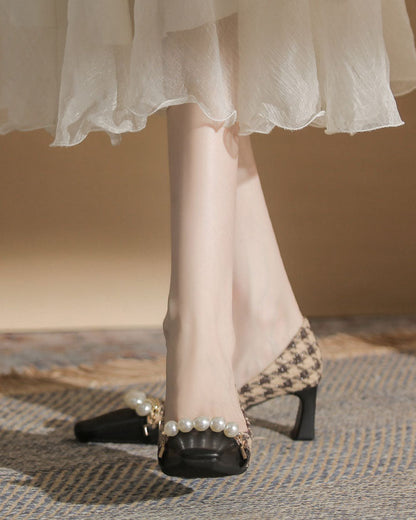 elveswallet Pearl-Embellished Chunky Heel Plaid Velvet Shoes