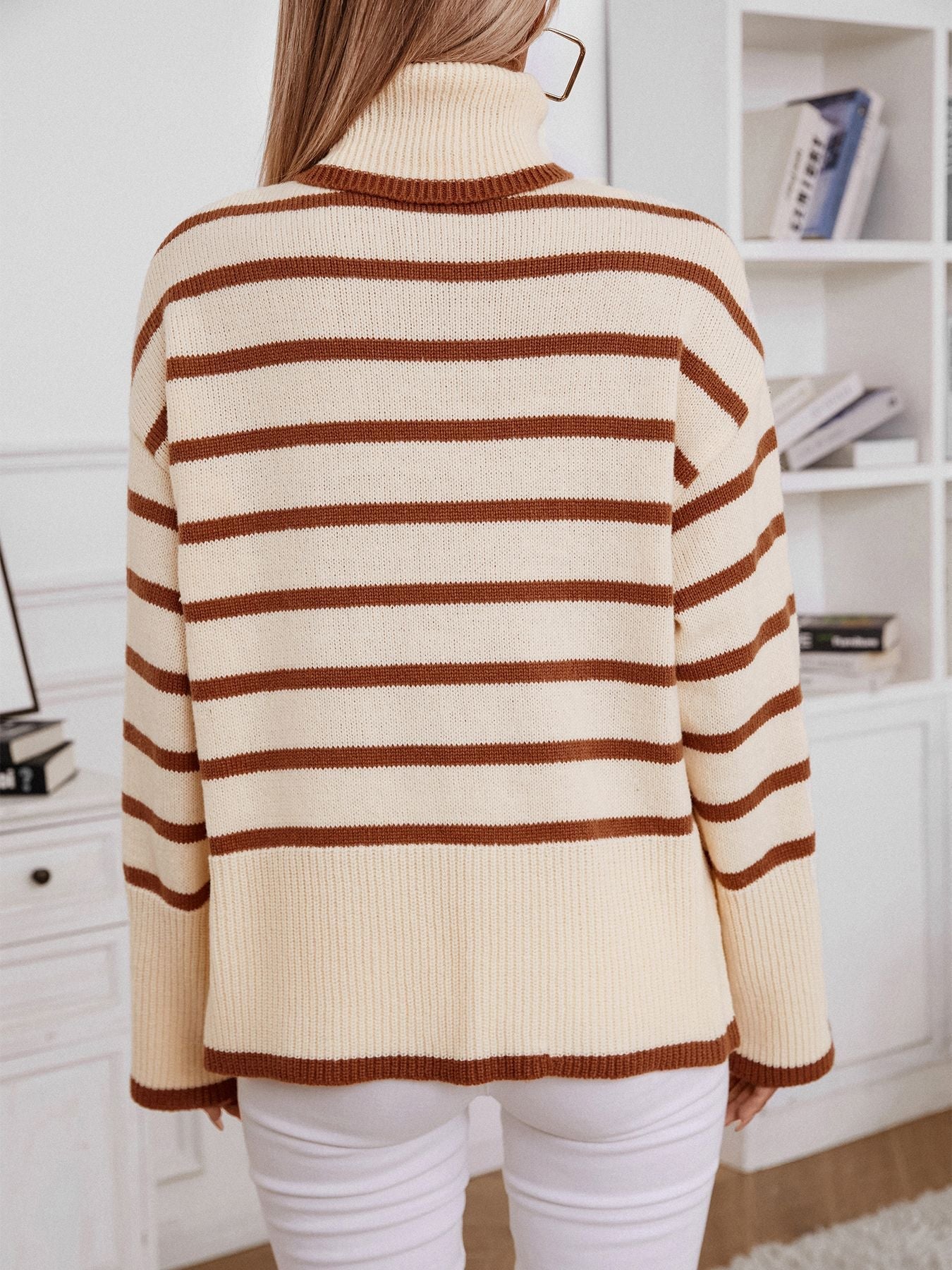 elveswallet Loose Fitted Turtleneck Striped Knit Sweater