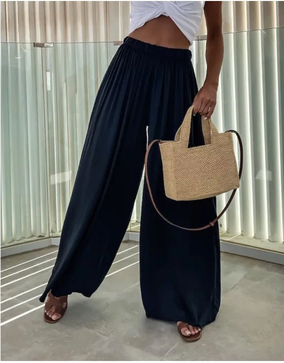 elveswallet Elastic waistband high waist pleated wide leg pants