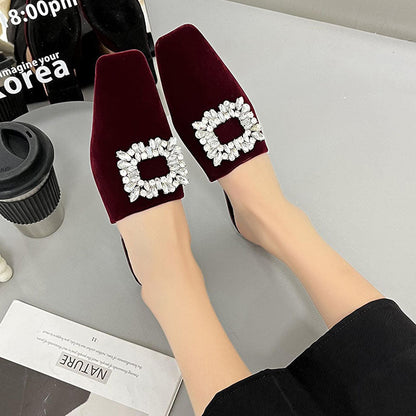 elveswallet Elegant Crystal Square Toe Mules Flat Slippers