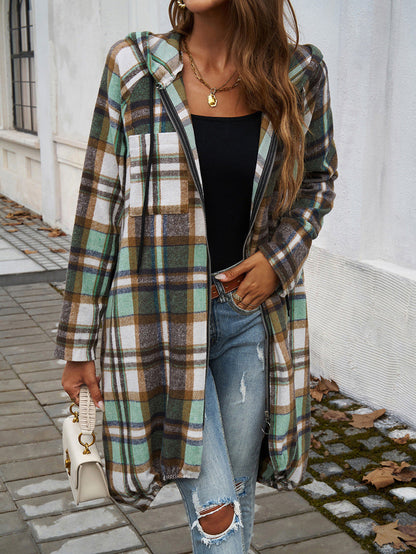 elveswallet Loose Contrast Plaid Zipper Hooded Long Jacket